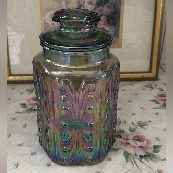Other - Vintage L.E. Smith Atterbury Scroll iridescent carnival glass canister jar